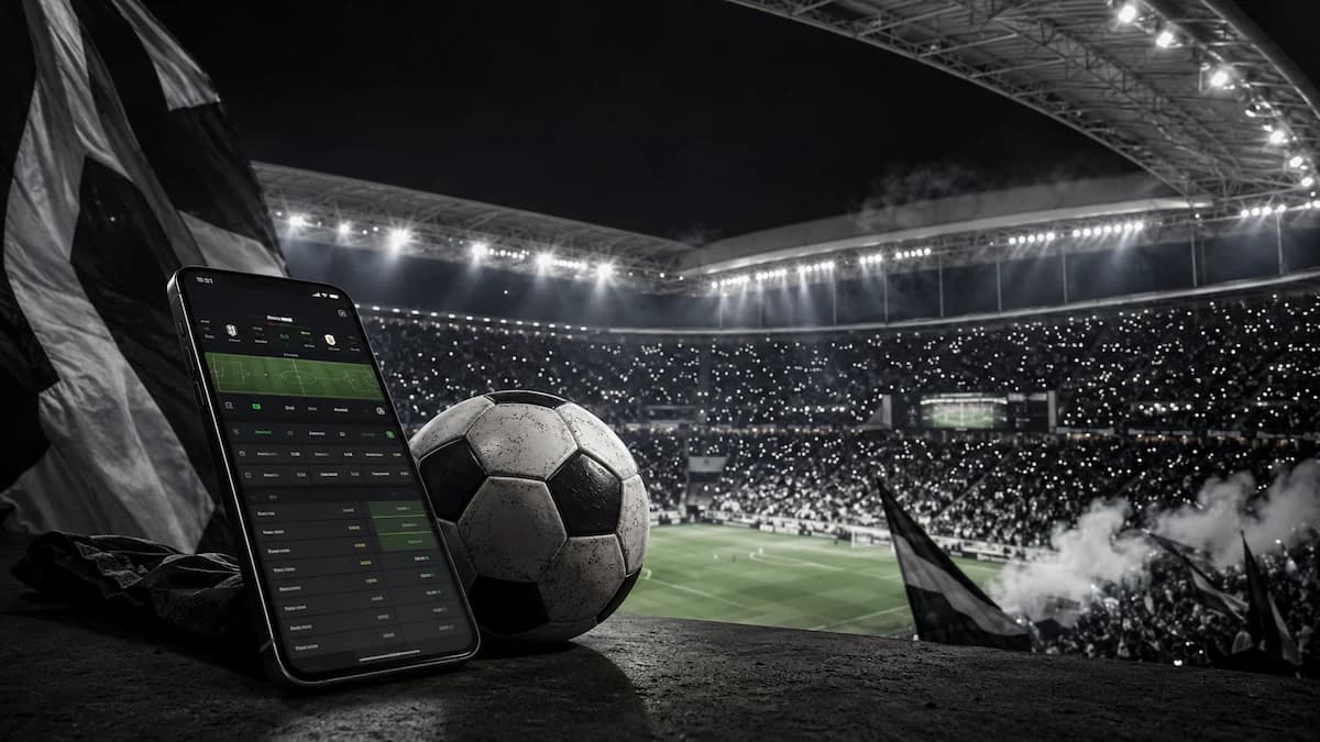 Torcida alvinegra na Neo Química Arena à noite, e um celular exibindo interface de aposta de futebol ao vivo ao lado de uma bola de futebol.
