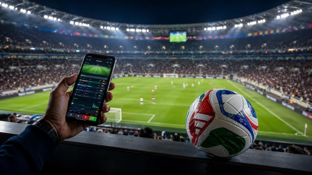 Banner temático sobre apostas Copa do Mundo 2026. Pessoa segura em celular durante partida em estádio lotado, com bola inspirada na Trionda em destaque e clima de grande evento internacional.