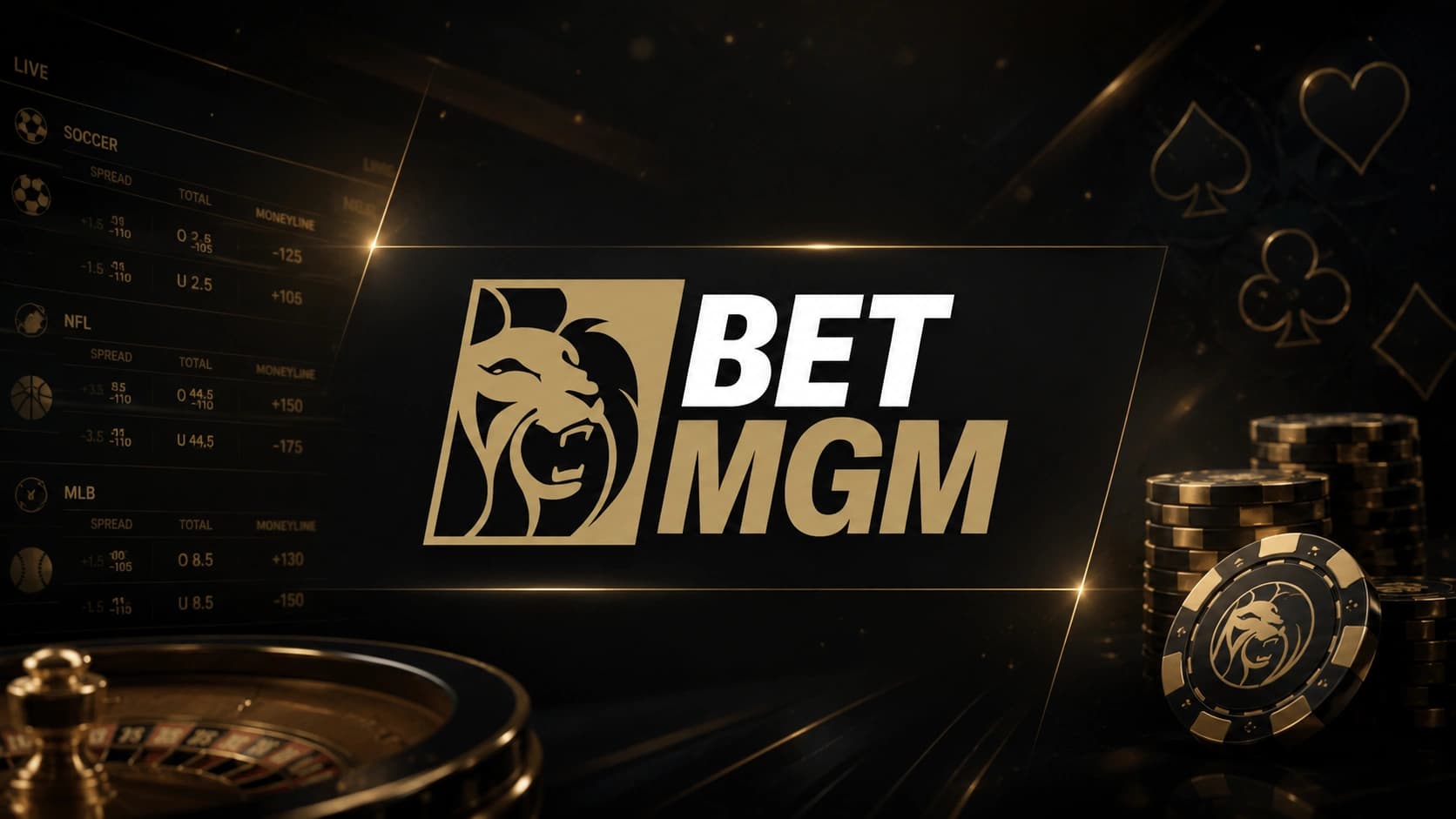 Logo da BetMGM em destaque no centro, com fundo elegante em preto e dourado que combina elementos de cassino e apostas esportivas. Capa de review que analisa se a BetMGM é confiável.