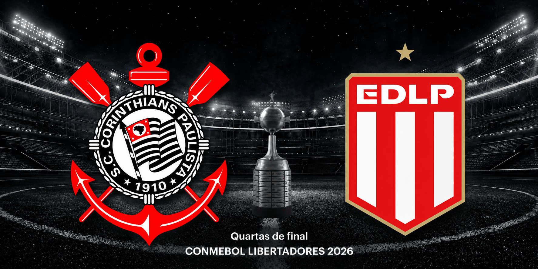 Corinthians e Estudiantes de La Plata se enfrentam nas quartas de final da CONMEBOL Libertadores 2026, com os escudos dos clubes e o troféu da competição em destaque em um estádio iluminado.