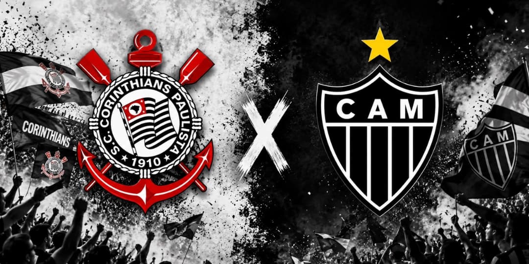 Arte de capa sobre Classificações de Corinthians x Atlético-MG com os escudos dos clubes em destaque no centro, fundo preto e branco dividido entre as torcidas, fumaça e bandeiras nas arquibancadas, criando clima de clássico do futebol brasileiro em formato widescreen.