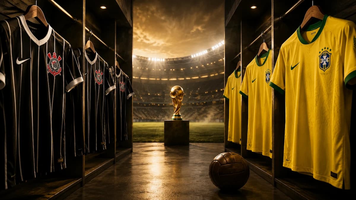 Camisas do Corinthians e da Seleção Brasileira em túnel de estádio, com taça ao centro e bola de futebol no chão.