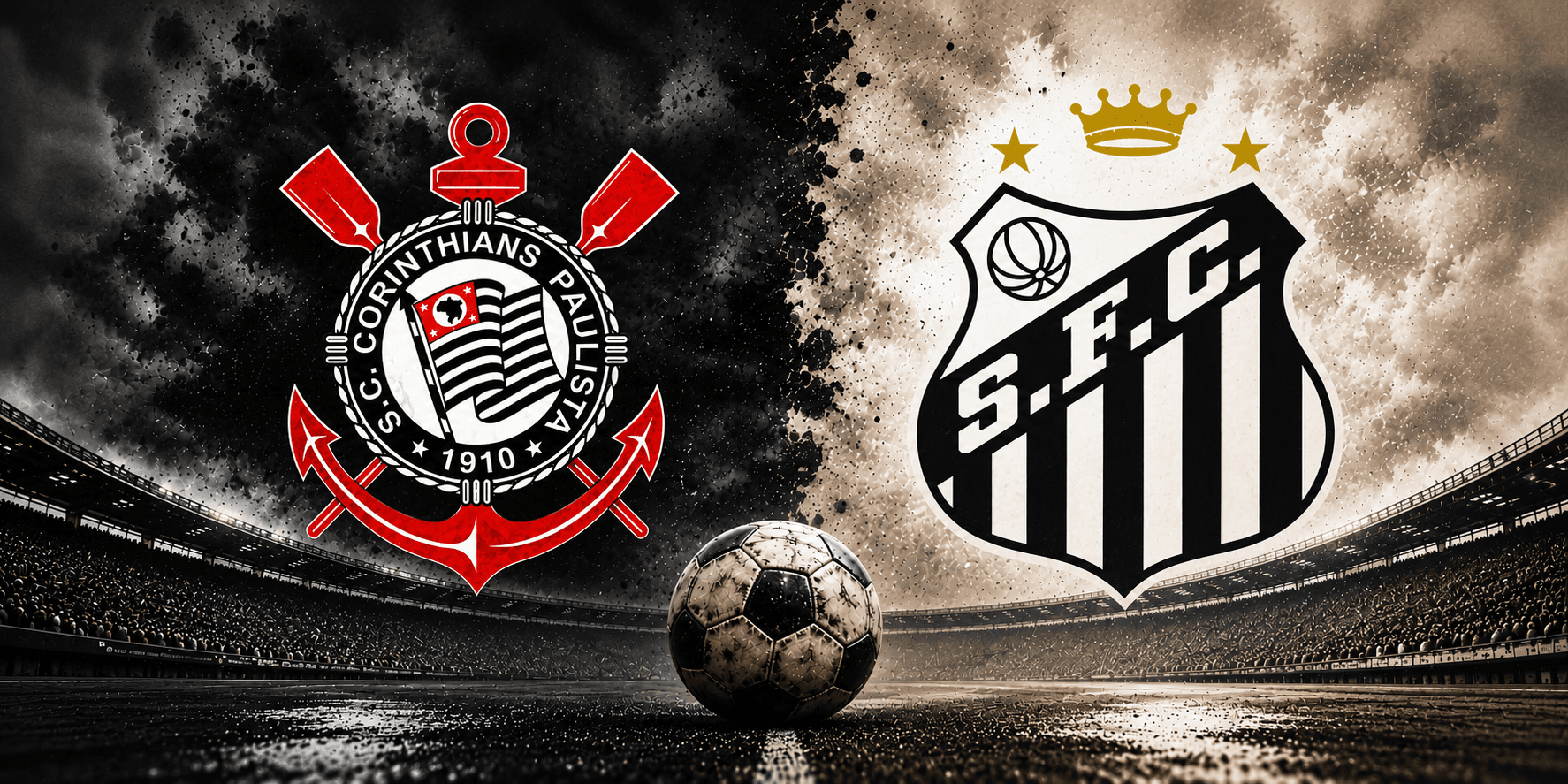 Montagem visual sobre a história de Corinthians e Santos destacando os emblemas oficiais dos times em um estádio iluminado, com foco na rivalidade tradicional entre os clubes.