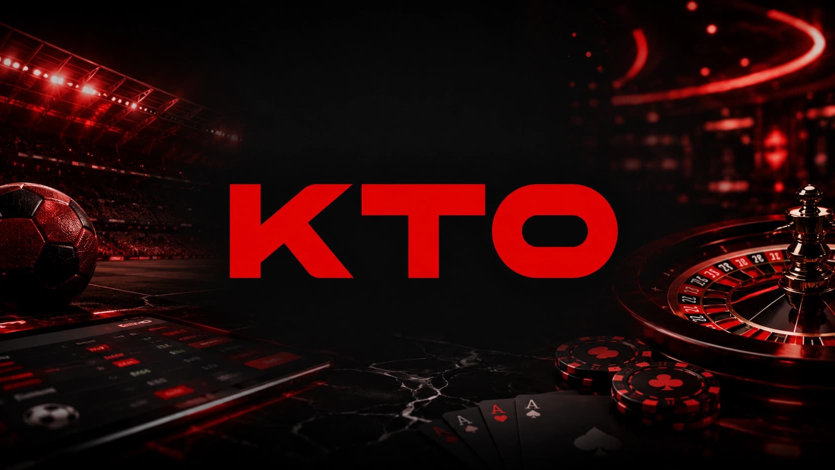 Capa de blogpost sobre review completa da KTO, com a logo vermelha da marca centralizada em destaque sobre um fundo escuro e elegante que combina elementos de apostas esportivas, estádio de futebol, roleta, fichas de cassino e cartas de baralho.