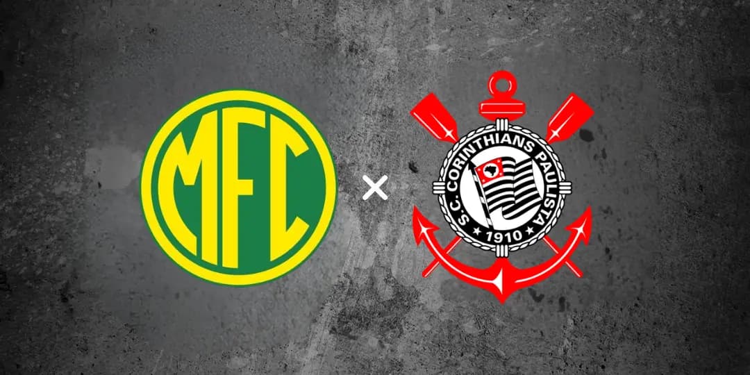 Logotipo dos times de futebol Mirassol e Corinthians posicionados lado a lado sobre um fundo de textura cinza concreto com um pequeno X branco entre eles simbolizando o confronto Mirassol x Corinthians (03/05) pelo campeonato.