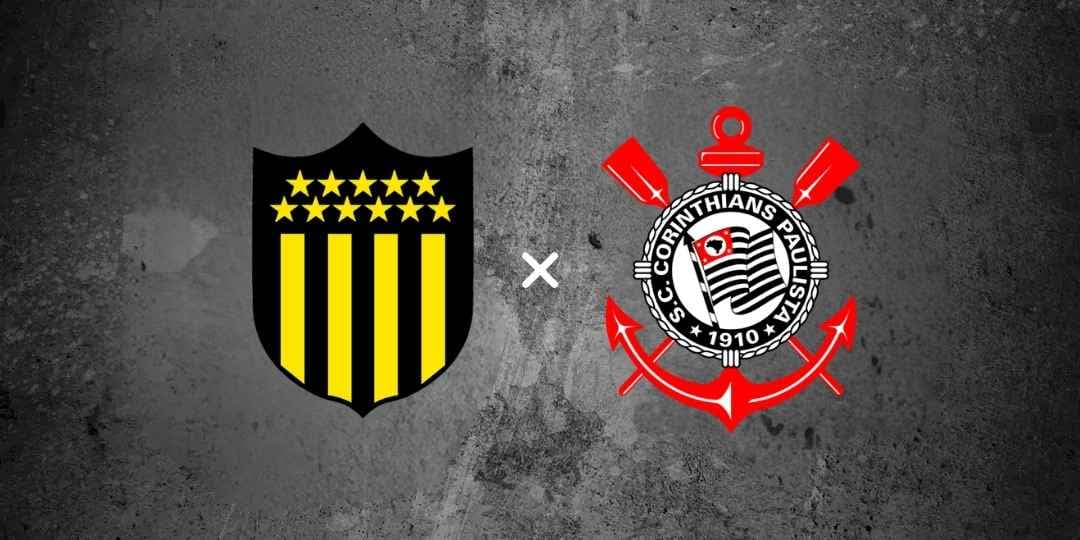 Arte promocional para a partida Corinthians x Barra (14/05/2026). A imagem apresenta os brasões das duas equipes em destaque sobre um fundo escuro com textura de cimento. O escudo preto e amarelo do Peñarol e o escudo do Corinthians estão dispostos horizontalmente para anunciar o evento esportivo.